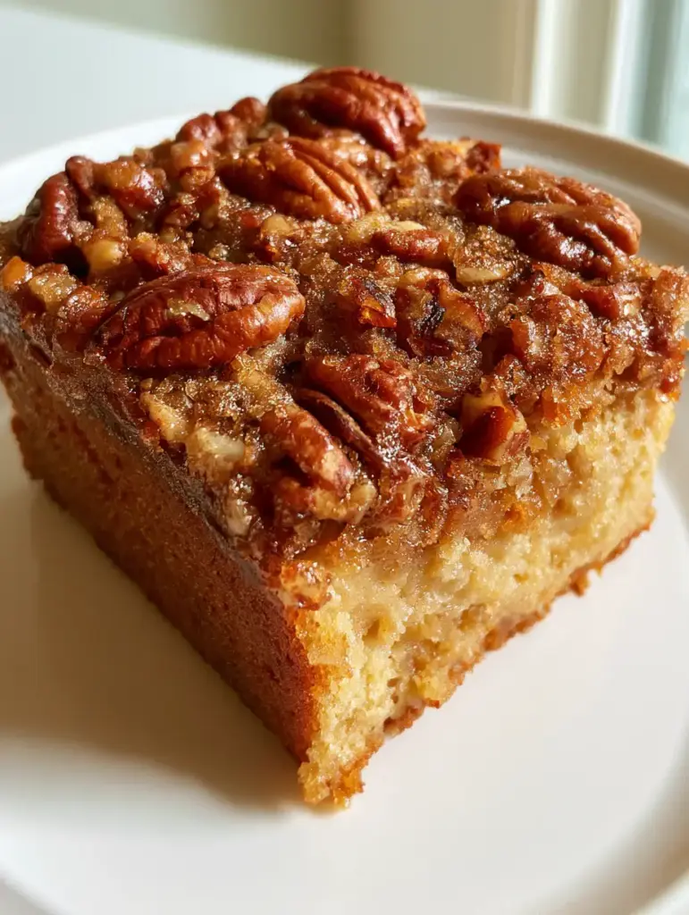 Alabama Pecanbread: The Ultimate Moist Southern Cake Recipe 1 Close up of the caramelized brown sugar topping and toasted pecan halves on Alabama Pecanbread.
