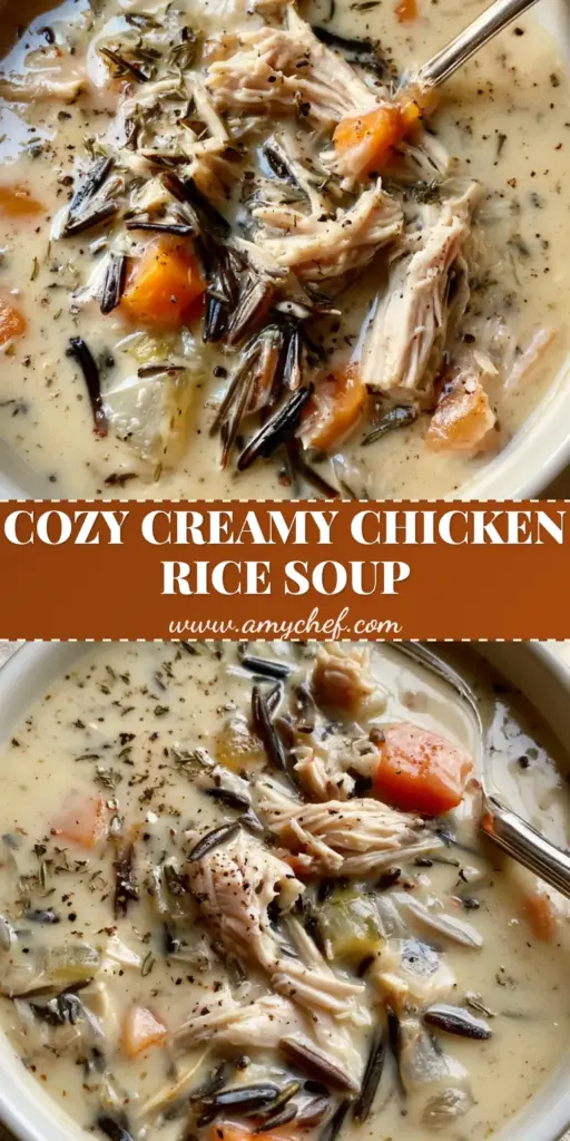 A top-down view of Creamy Chicken and Wild Rice Soup in a white bowl with a silver spoon, showing shredded chicken and dark wild rice grains.