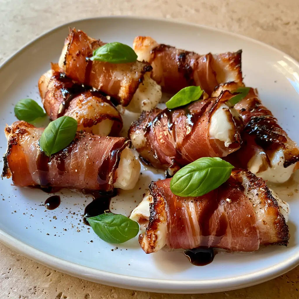 Prosciutto Wrapped Mozzarella arranged on a white ceramic plate with a glossy balsamic drizzle and cracked black pepper.