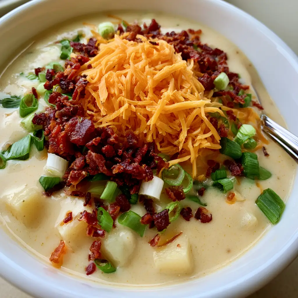 Handheld photo showing a mound of orange cheddar and dark red bacon bits on top of Crock Pot Crack Potato Soup.