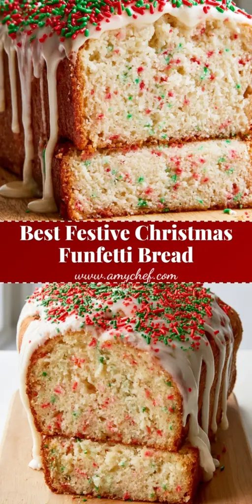 A thick rectangular loaf of Christmas Funfetti Bread with heavy white glaze and festive red and green sprinkles on a wood board.