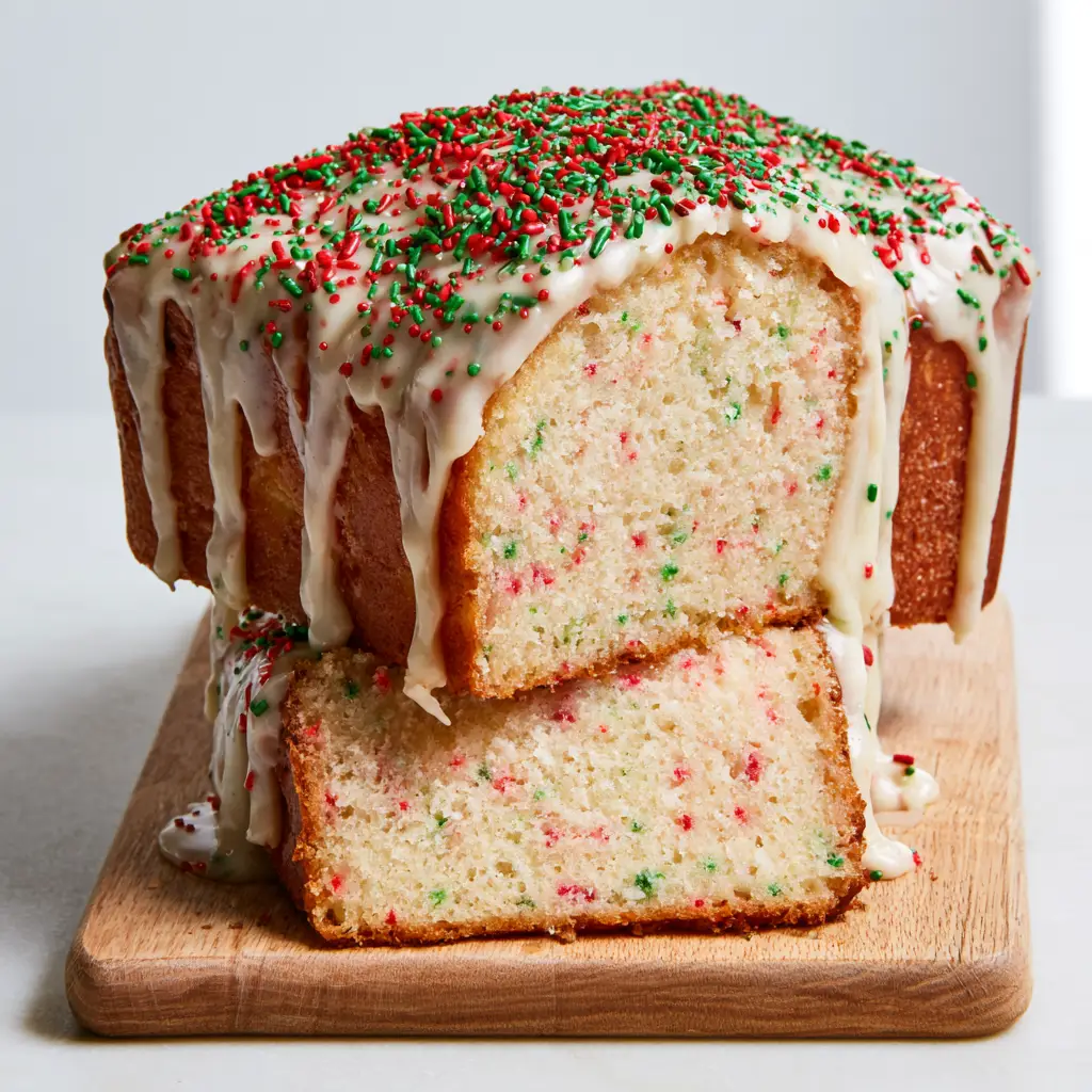 Slices of Christmas Funfetti Bread stacked to show the pale cream interior crumb and red and green sprinkles.