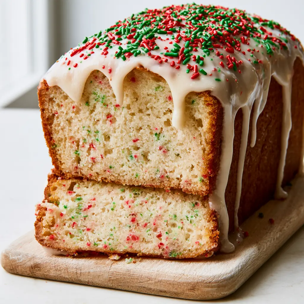Top view of Christmas Funfetti Bread showing the thick white vanilla glaze dripping down the golden-brown sides.