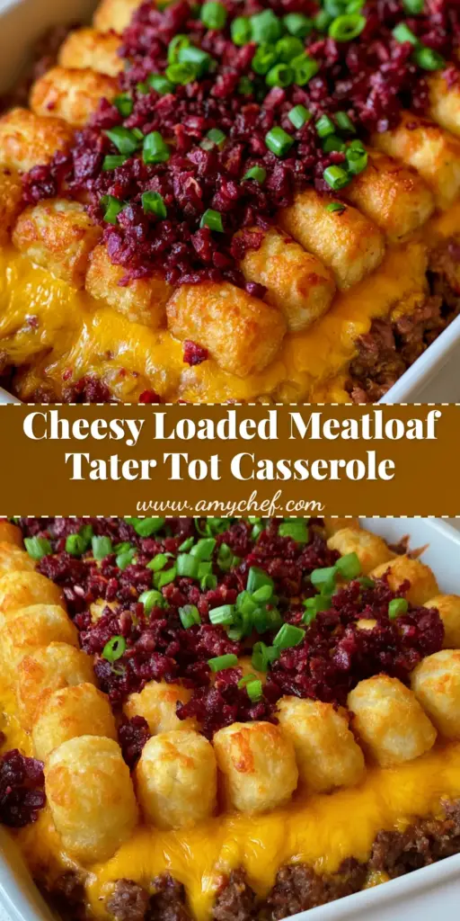 A handheld photo of a Loaded Meatloaf Casserole in a white dish featuring golden tater tots, melted cheddar, and crunchy bacon.