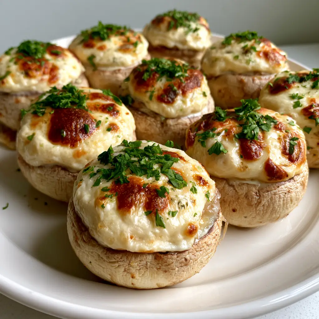 Neat rows of Cream Cheese Stuffed Mushrooms on a white ceramic plate, illuminated by soft natural daylight.