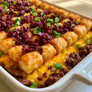 Close up of the savory beef and melted cheddar cheese layer of a Loaded Meatloaf Casserole.