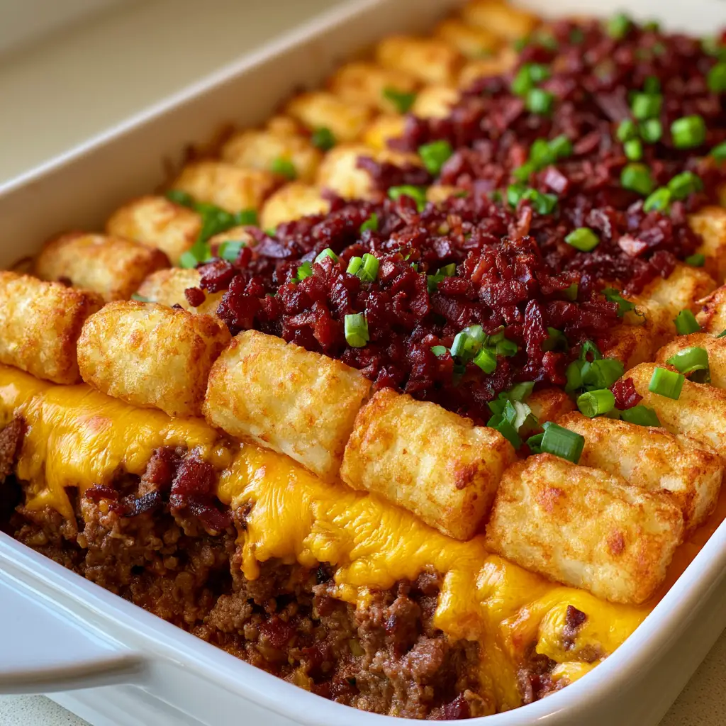 Rows of crispy golden tater tots with visible potato texture on top of a Loaded Meatloaf Casserole.