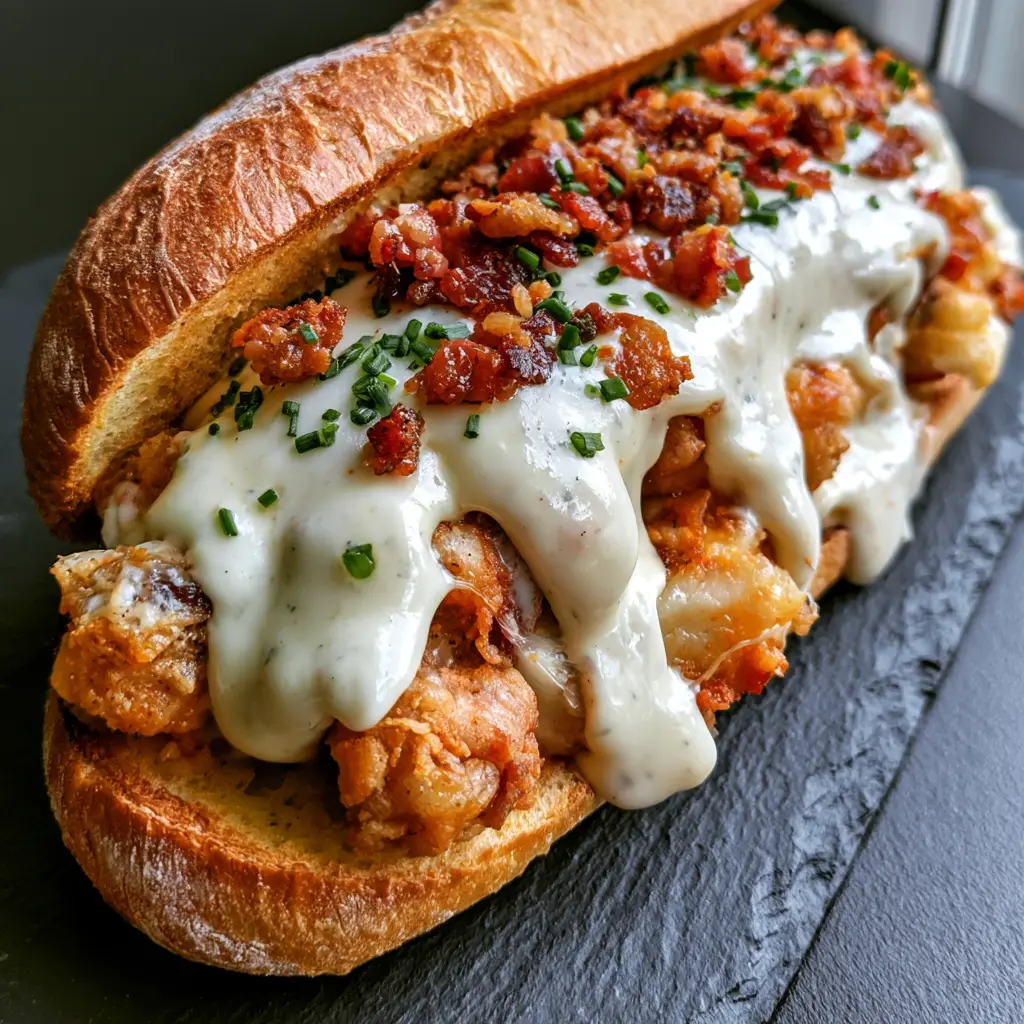 Overhead view of a Chicken Bacon Ranch Sandwich showing the breaded chicken pieces and thick ranch drizzle.
