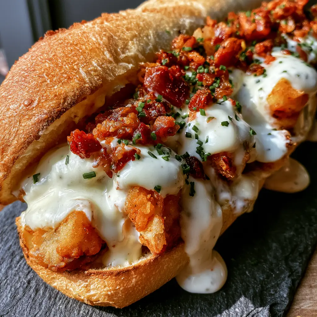 A side view of the Chicken Bacon Ranch Sandwich highlighting the reddish-brown bacon bits and melted cheese texture.