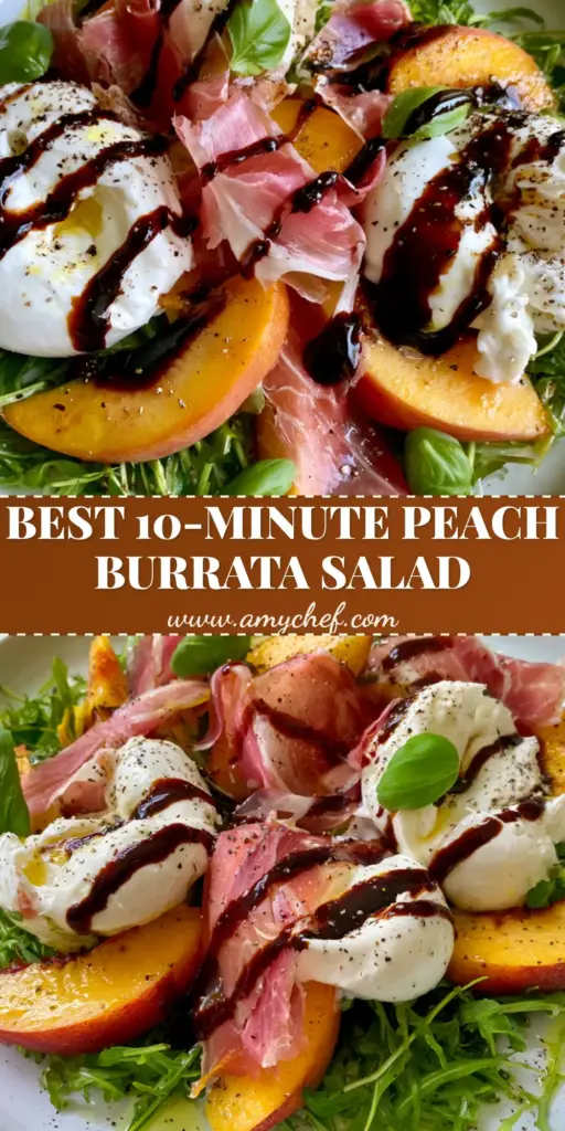 A vertical shot of a Peach Burrata Salad on a white plate featuring torn burrata cheese, orange peaches, and prosciutto ribbons.