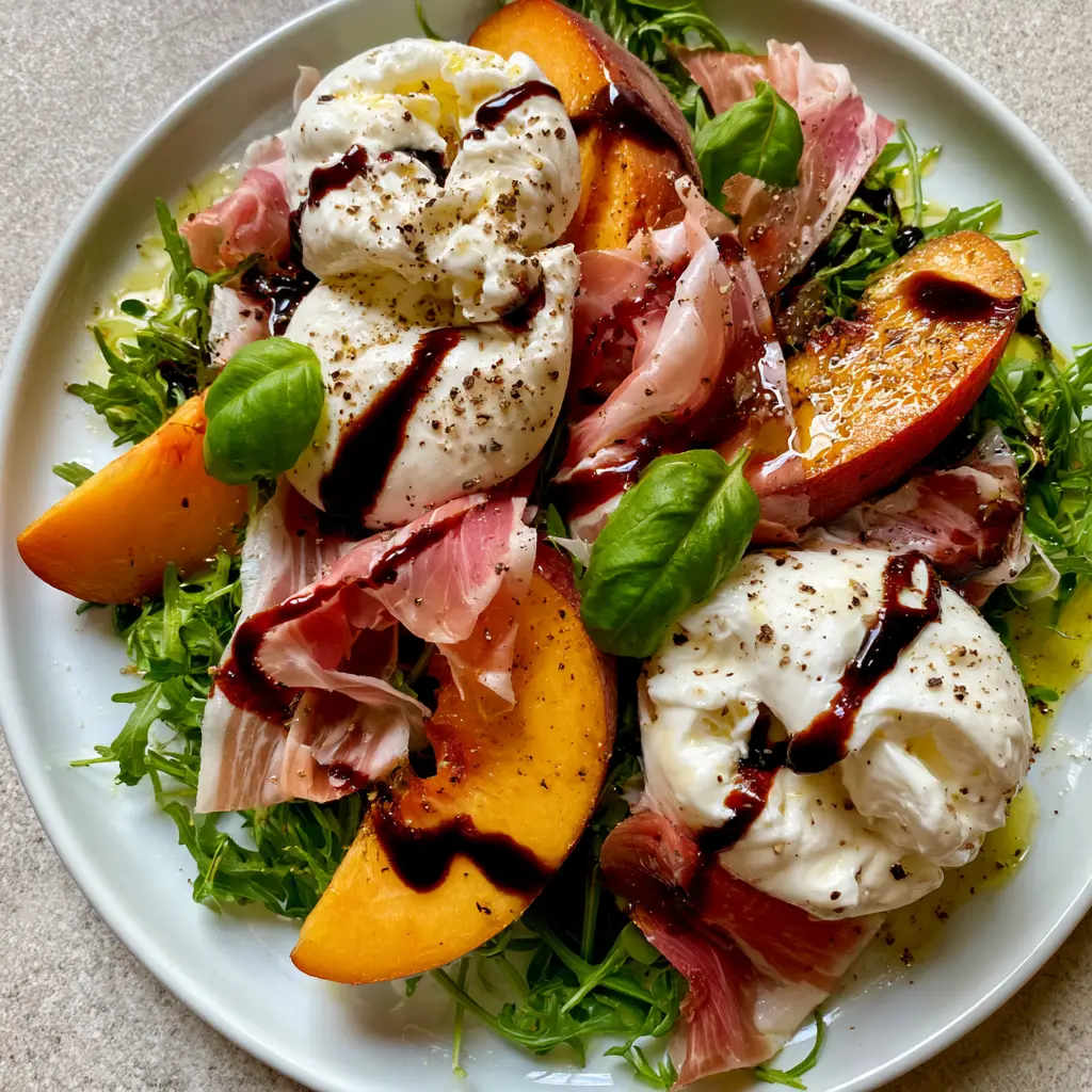 Close-up of torn burrata cheese showing the creamy stracciatella center in a Peach Burrata Salad.