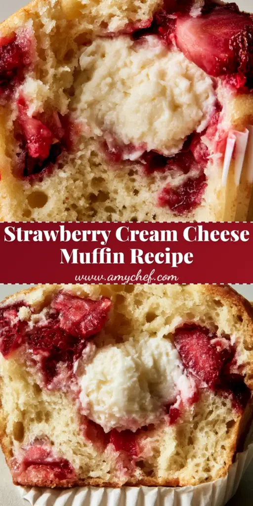 A close-up of a Strawberry Cream Cheese Muffin broken open to show the white cream cheese core and red strawberries in a white paper liner.