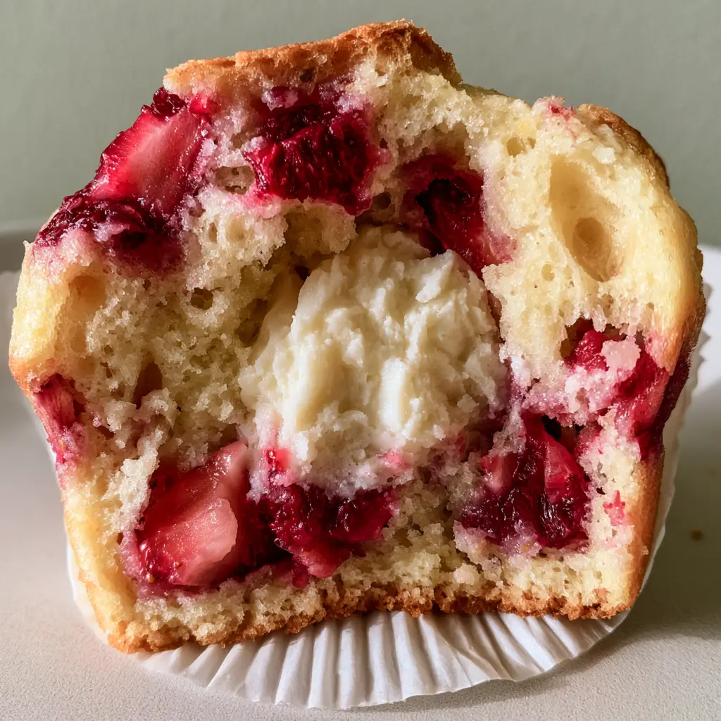 A single Strawberry Cream Cheese Muffin with a golden-brown crust and visible macerated red strawberries.