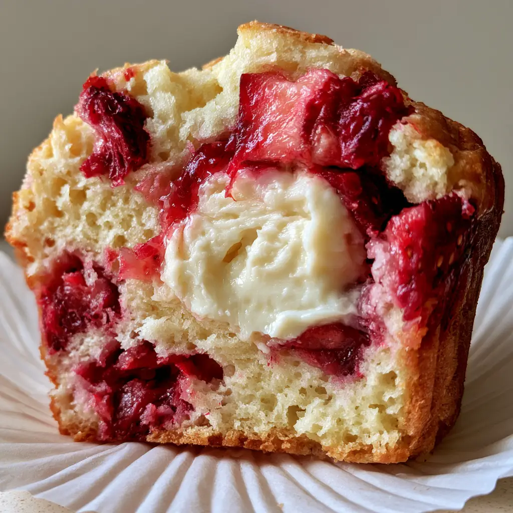 Close up of the moist yellow muffin crumb and dense white cream cheese filling of a Strawberry Cream Cheese Muffin.
