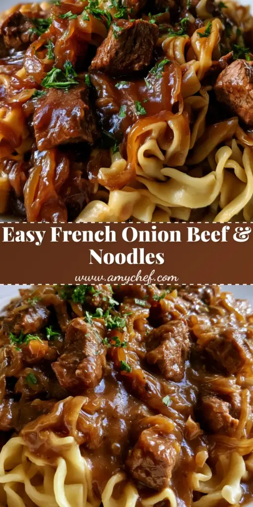 A domestic plating of French Onion Beef and Noodles featuring wide wavy egg noodles, tender seared beef tips, and glossy dark brown onion gravy sprinkled with parsley.