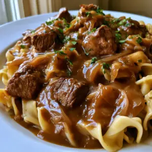 Close-up of wide wavy egg noodles coated in thick brown onion gravy with visible caramelized onion slivers. (French Onion Beef and Noodles)