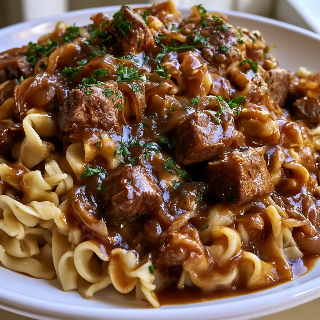 A white ceramic plate piled high with French Onion Beef and Noodles showing seared beef tips and fresh parsley garnish.