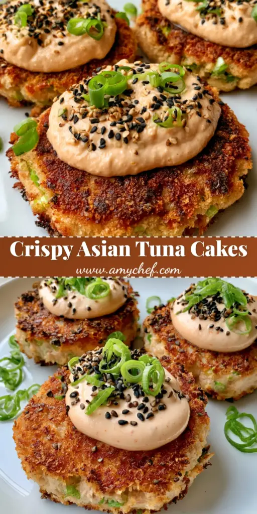 Asian Tuna Cakes with Crispy Panko and Spicy Sriracha Mayo 3 Three thick Asian Tuna Cakes with a golden-brown panko crust, topped with sriracha mayo, black sesame seeds, and green onions on a white plate.