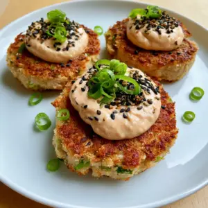Close-up of golden-brown pan-fried Asian Tuna Cakes showing the visible crispy panko texture and scallion flecks.