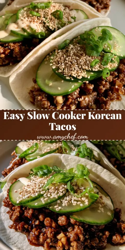 Three Korean Ground Beef Tacos in flour tortillas with dark soy glaze, pickled cucumbers, scallions, and white sauce drizzle on a white plate.