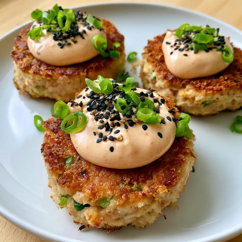 Asian Tuna Cakes with Crispy Panko and Spicy Sriracha Mayo 1 Top-down angled view of three Asian Tuna Cakes garnished with light-orange sriracha mayo and black sesame seeds on a white plate.