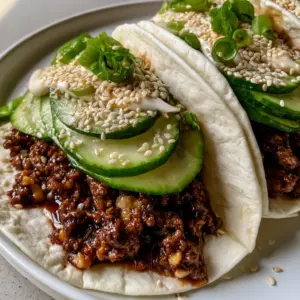 Close up photo of Korean Ground Beef Tacos showing crumbly glazed beef and bright green scallions.