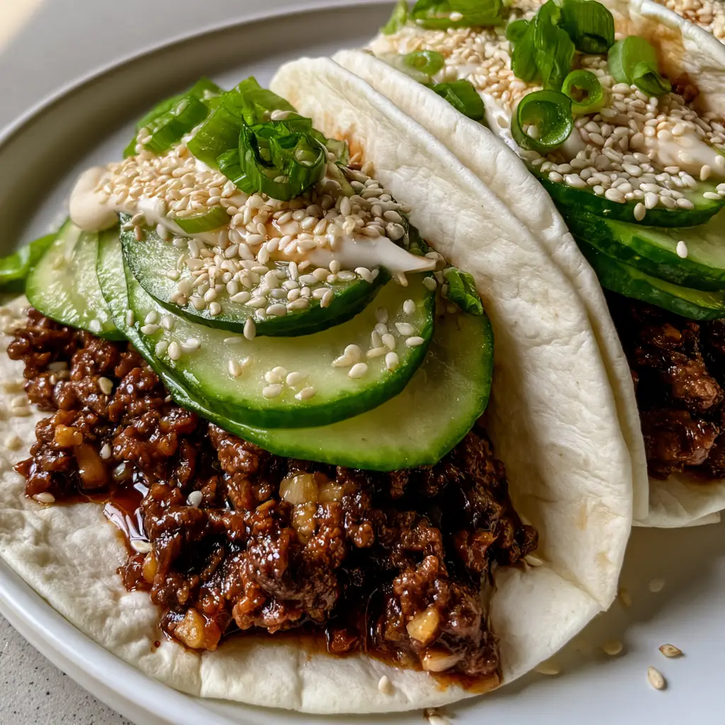 Close up photo of Korean Ground Beef Tacos showing crumbly glazed beef and bright green scallions.