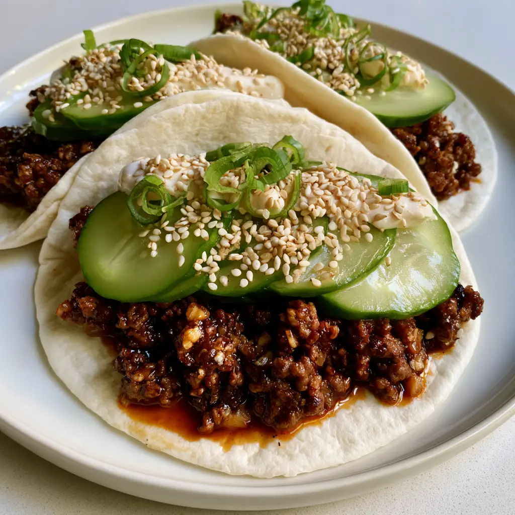 Handheld shot of Korean Ground Beef Tacos featuring translucent pickled cucumbers and white sesame seeds.