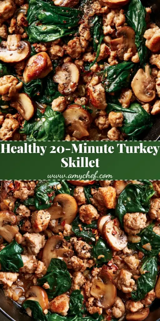 A top-down view of a savory Ground Turkey Skillet in a black cast iron pan featuring browned turkey, sliced mushrooms, and wilted spinach.