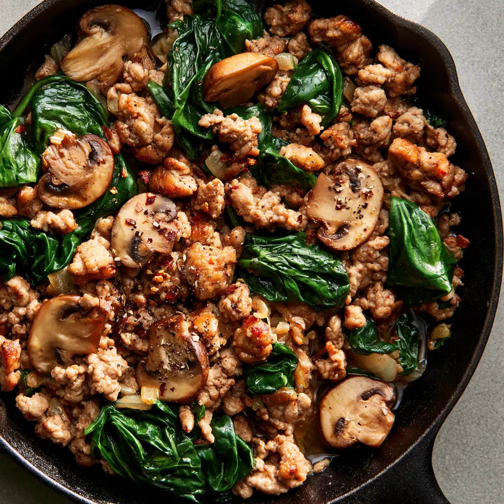 Close-up of golden-seared ground turkey and tender cremini mushrooms in a Ground Turkey Skillet.