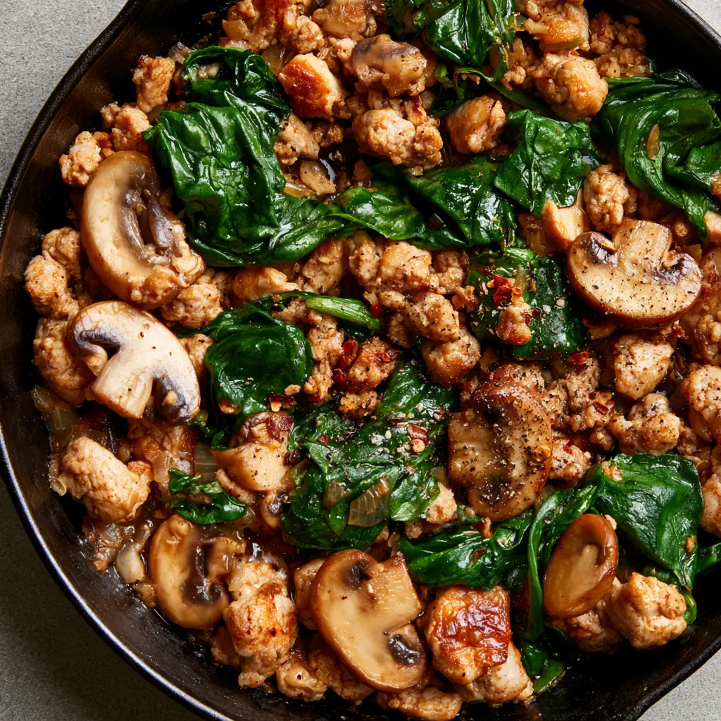 Visual of fresh spinach being wilted into the Ground Turkey Skillet with red pepper flakes.