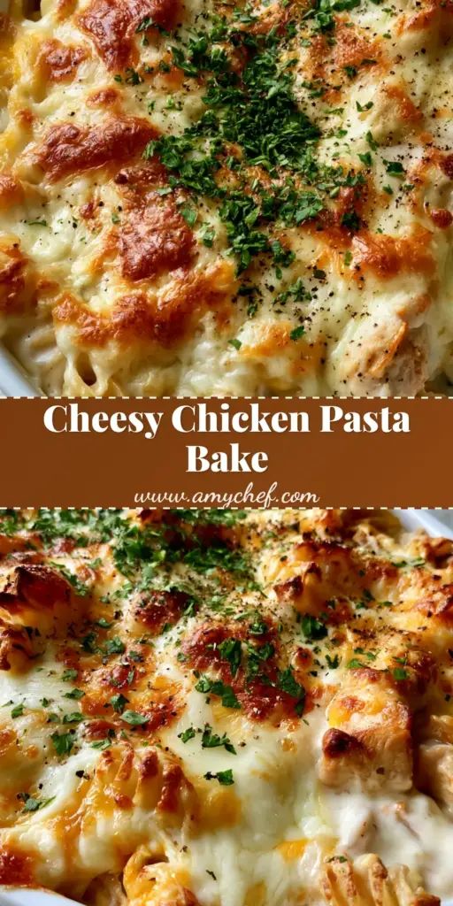 A bubbling white ceramic dish of Chicken Pasta Casserole with toasted cheddar patches and fresh parsley.
