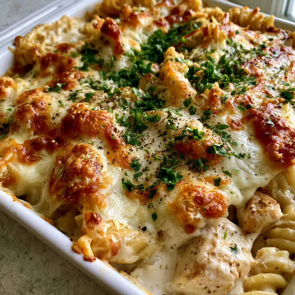 Close-up of rotini spirals and shredded chicken in a white cream sauce. (Chicken Pasta Casserole)