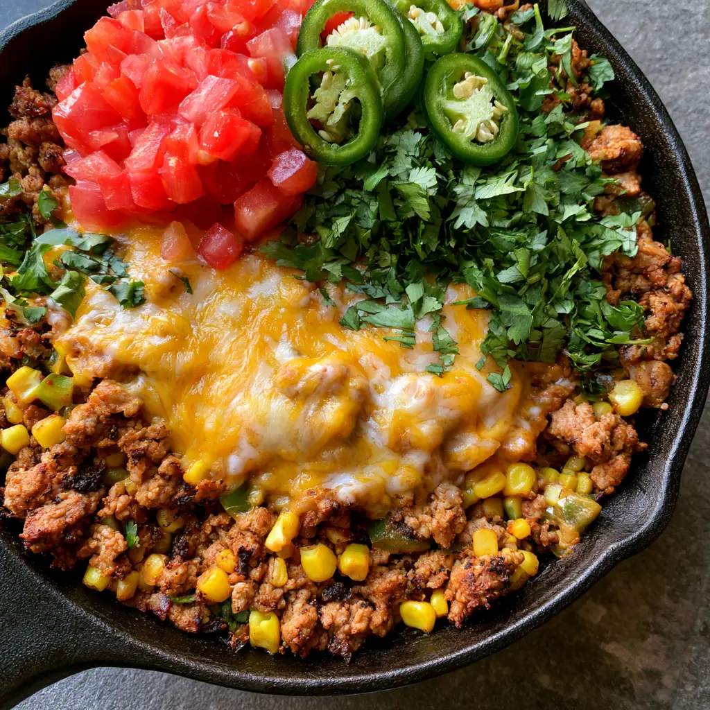 Close-up of browned ground turkey mixed with yellow corn and green peppers in a cast iron skillet (Ground Turkey Taco Skillet).