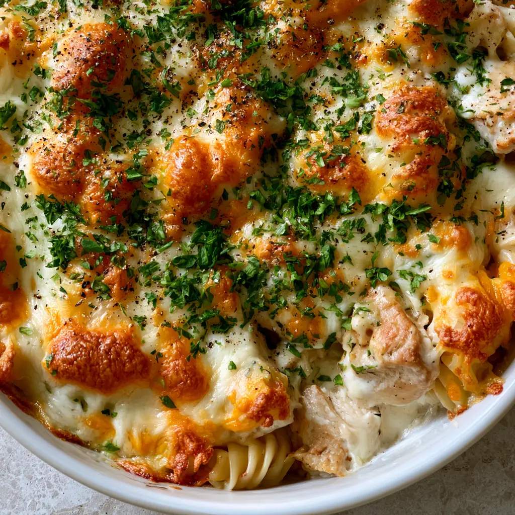 Golden brown toasted mozzarella and cheddar cheese topping on Chicken Pasta Casserole.