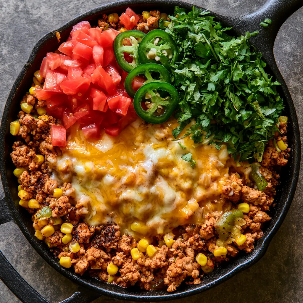 Melted bubbly cheese topped with fresh tomatoes, jalapeños, and cilantro in a Ground Turkey Taco Skillet.
