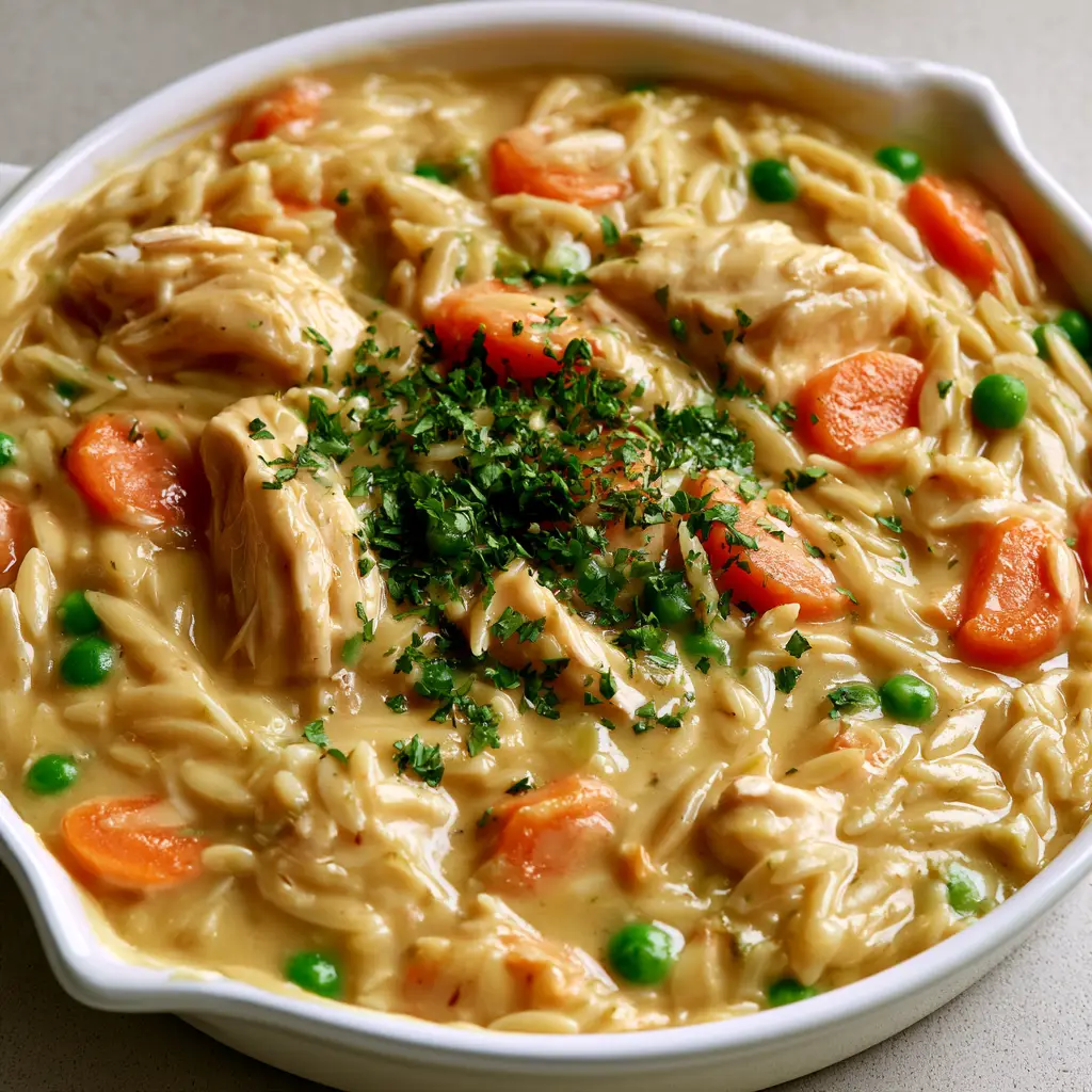 Close up shot of tender orzo pasta and shredded chicken breast in a creamy pot pie style sauce.