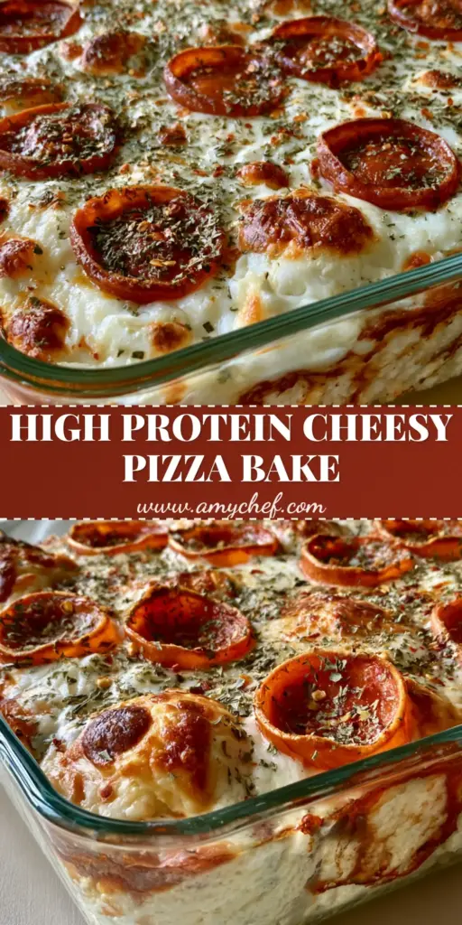 A square glass baking dish filled with Cottage Cheese Pizza Bake featuring a dense white base, melted bubbly mozzarella, and crispy cupped pepperoni on a light wood surface.