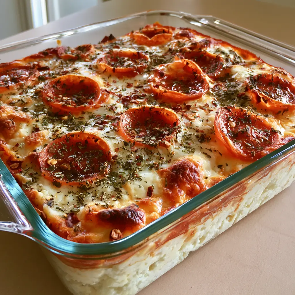 Overhead view of a Cottage Cheese Pizza Bake in a glass dish with charred mozzarella bubbles and Italian herbs.