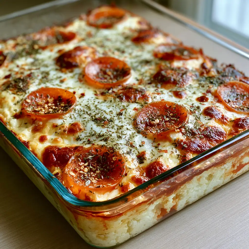 Close up shot of crispy pepperoni slices on top of a bubbly Cottage Cheese Pizza Bake.