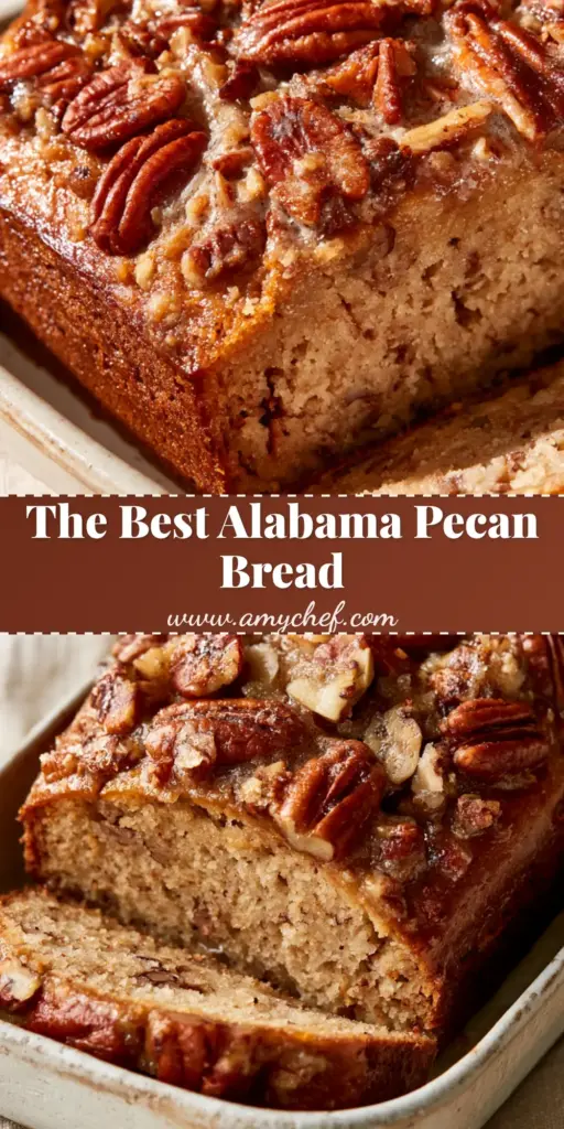 A rectangular loaf of Alabama Pecan Bread with a caramelized golden-brown crust and sticky pecan topping on a rustic ceramic plate.