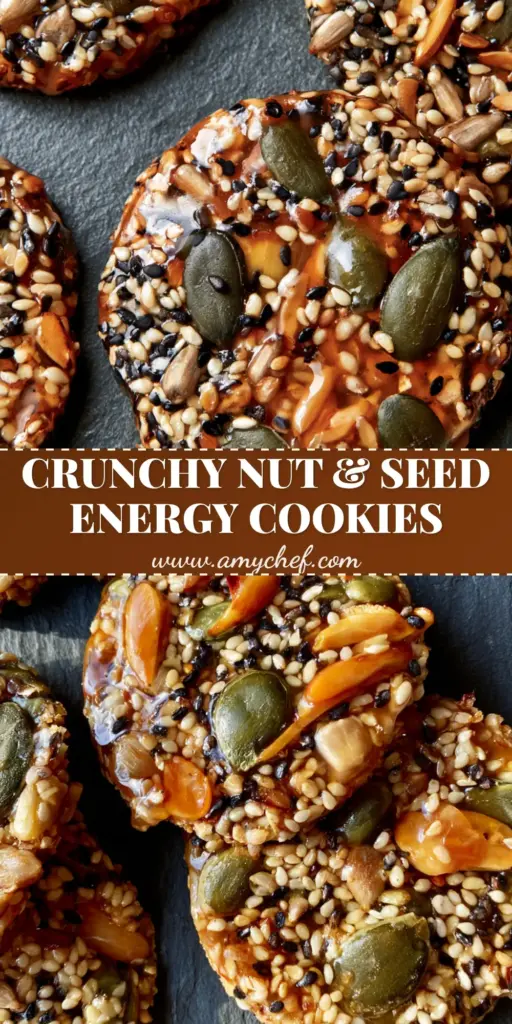 Top-down view of flat Nut and Seed Energy Cookies with glossy caramelized honey glaze on a dark slate surface.