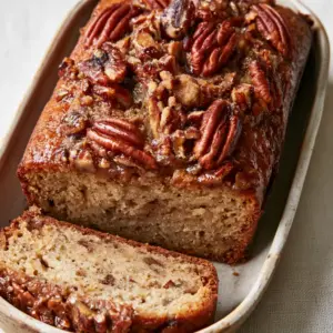 Top view of Alabama Pecan Bread showing toasted pecan halves embedded in a sugary glaze.