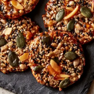 Close-up of toasted Nut and Seed Energy Cookies showing the amber-colored honey binder. (Nut and Seed Energy Cookies)