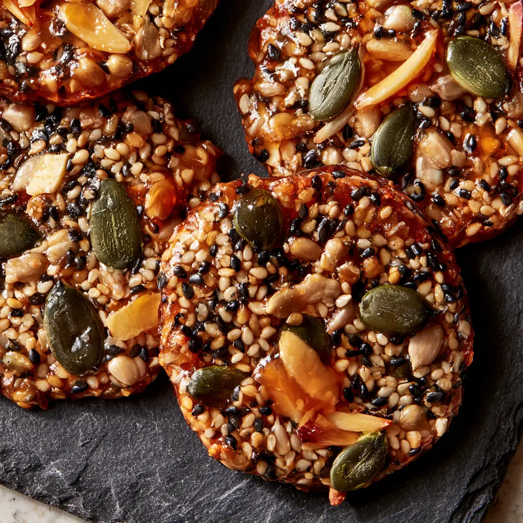 Close-up of toasted Nut and Seed Energy Cookies showing the amber-colored honey binder. (Nut and Seed Energy Cookies)