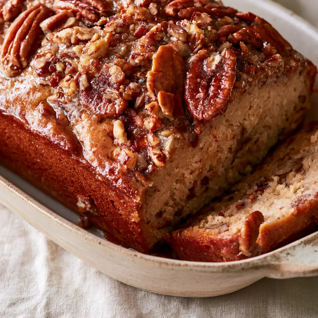 Sliced Alabama Pecan Bread showing the dense moist tan crumb and visible chopped pecans inside.