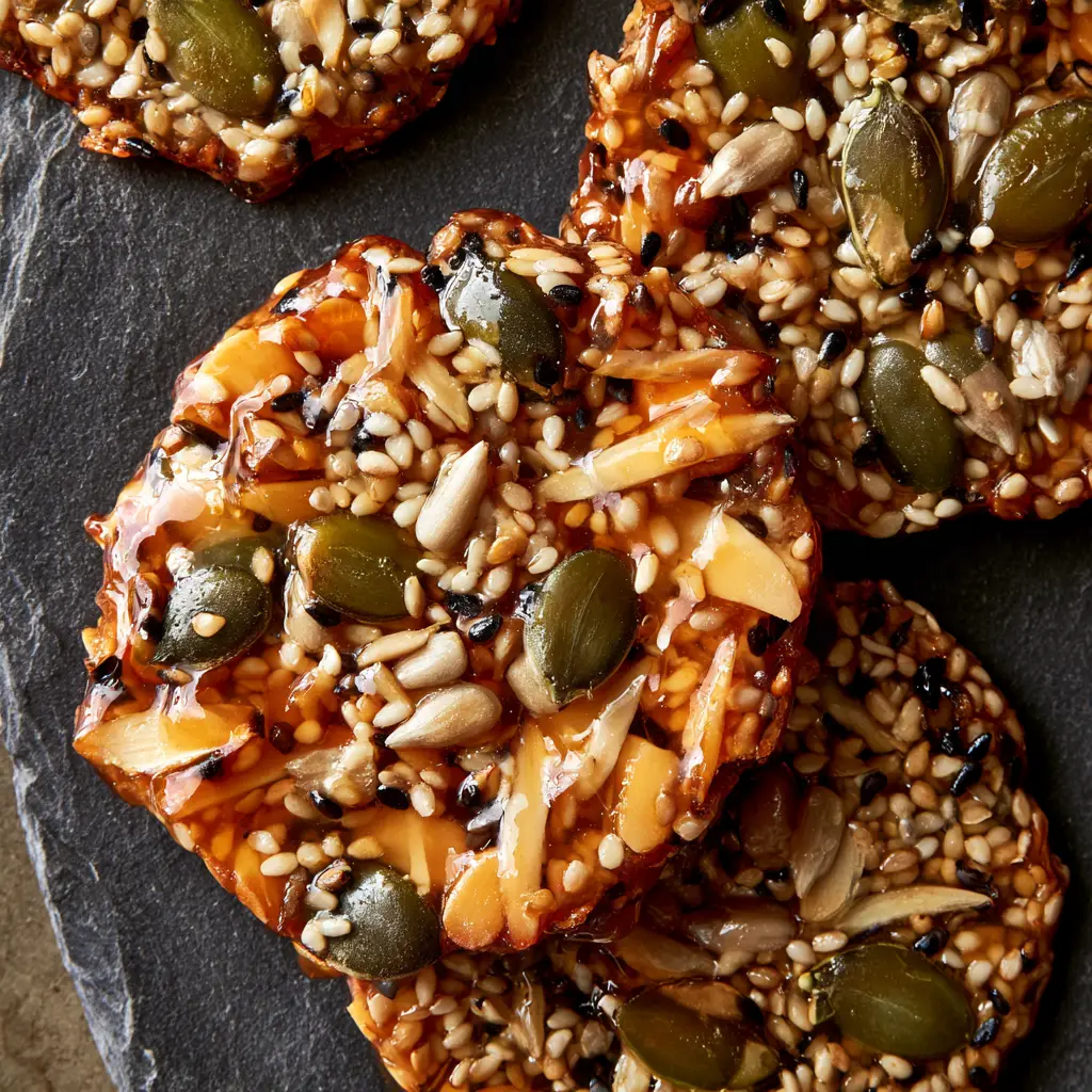 Several round, flat energy cookies made of toasted sesame, pumpkin, and sunflower seeds.
