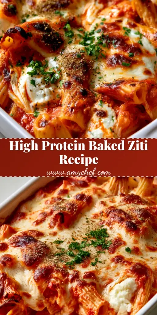 A close-up view of High Protein Cottage Cheese Baked Ziti in a white ceramic dish featuring melted mozzarella with golden-brown spots and fresh parsley garnish.