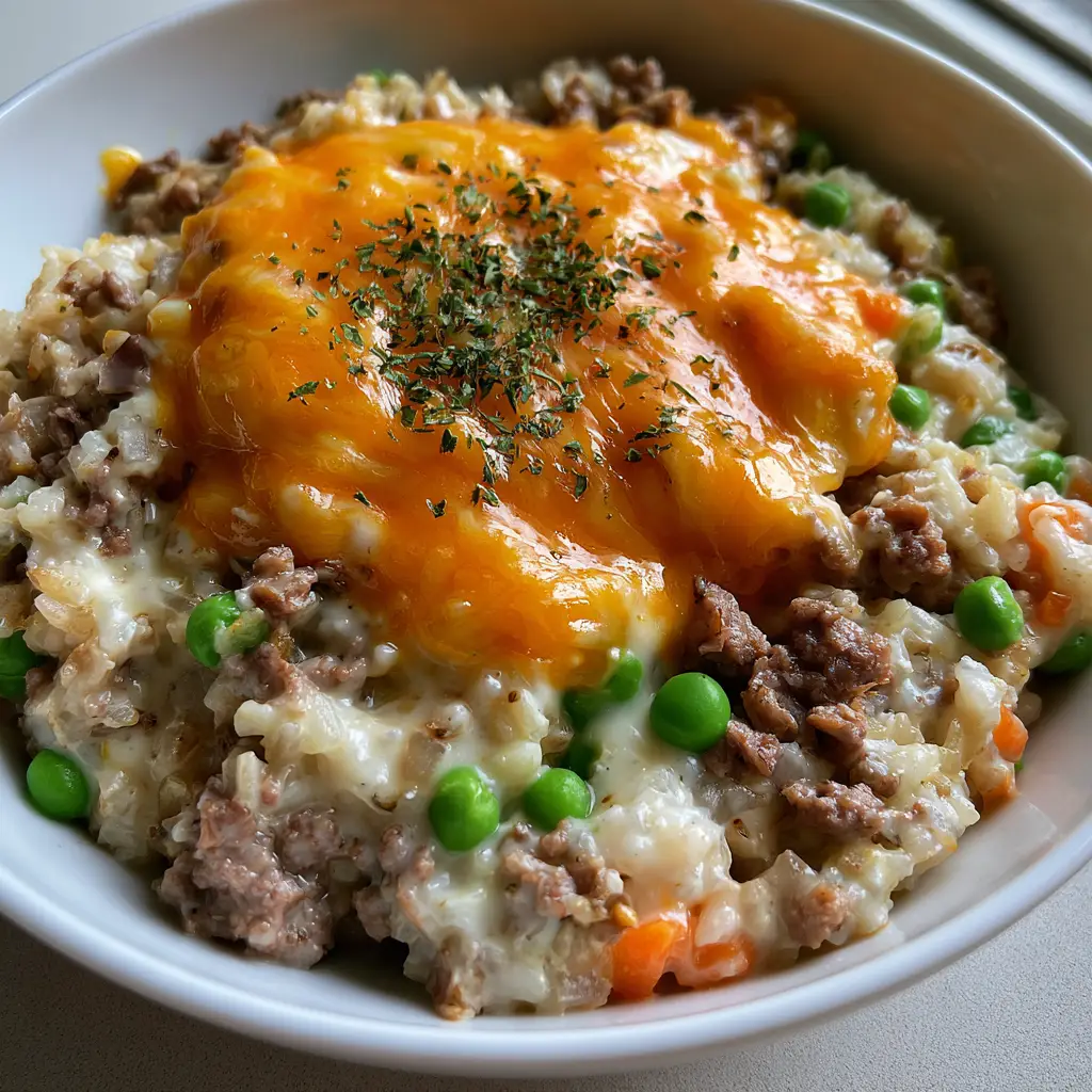 A heavy layer of melted bubbly cheddar cheese on top of Ground Beef and Rice Casserole.
