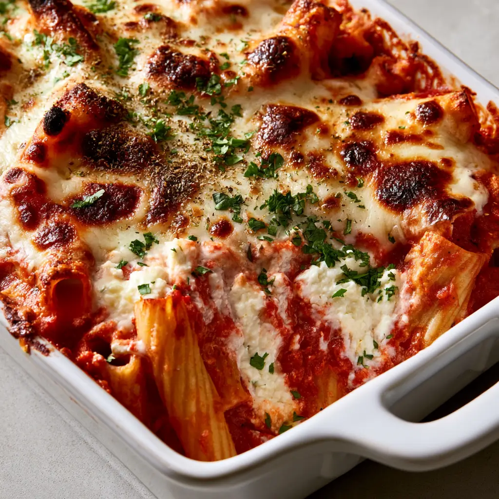Slightly angled view of baked ziti with thick marinara, bubbling cheese, and creamy cottage cheese dollops. (High Protein Cottage Cheese Baked Ziti)